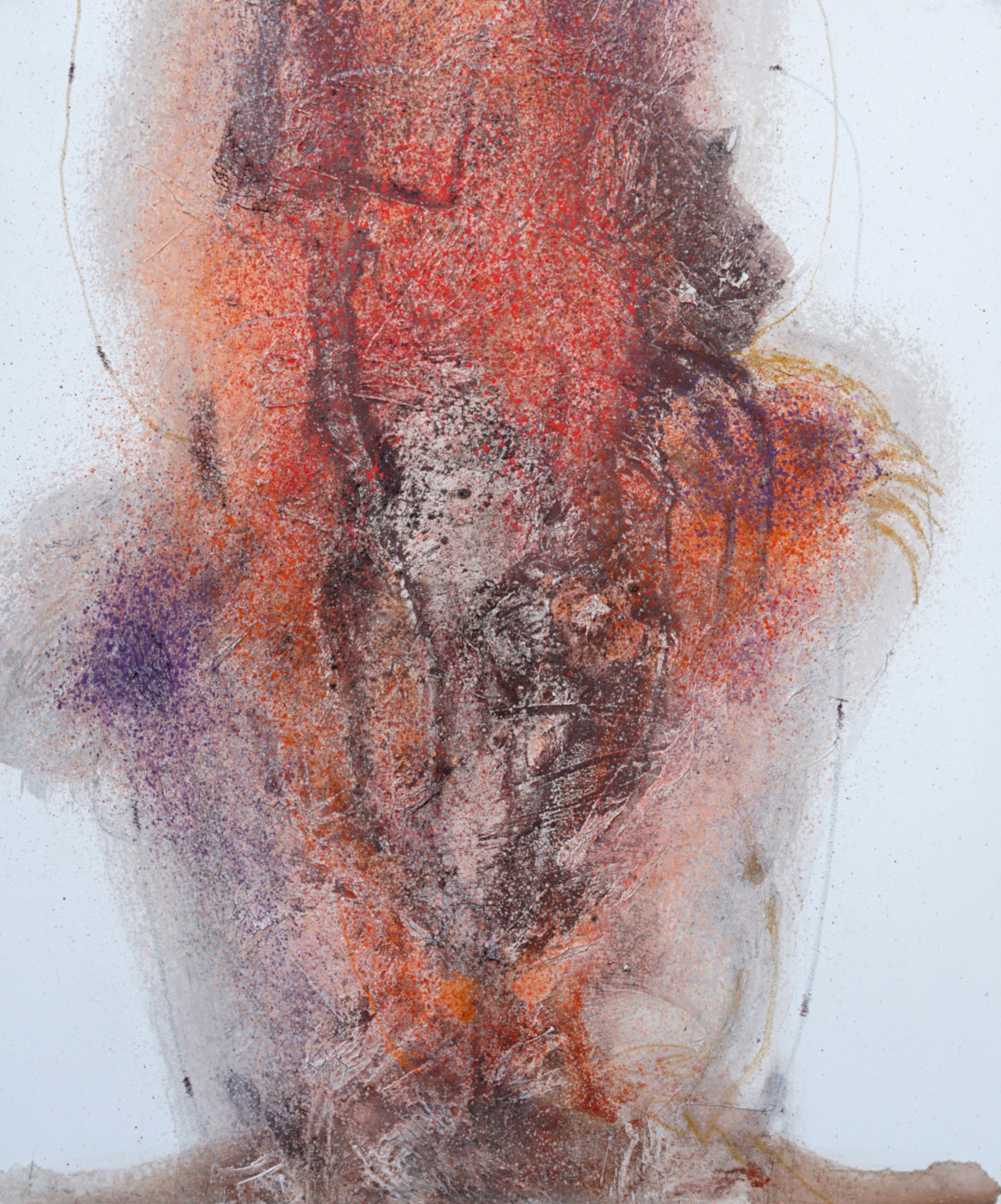 Obraz na płótnie z rozproszonymi punktami i barwami, tworzącymi ulotny, organiczny kształt w abstrakcyjnej formie.