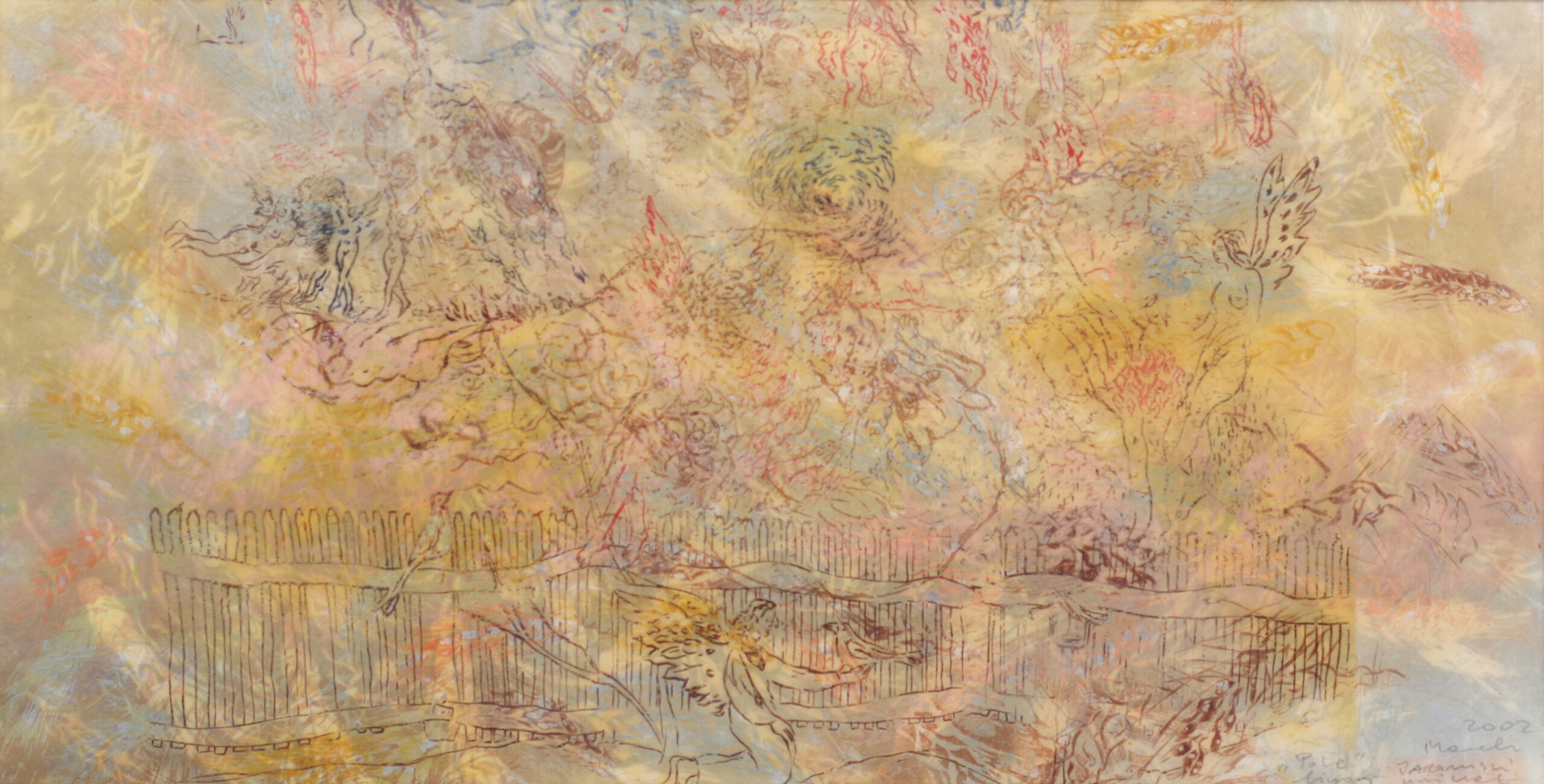 pejzaż z postaciami aniołów w bladożółtym kolorze