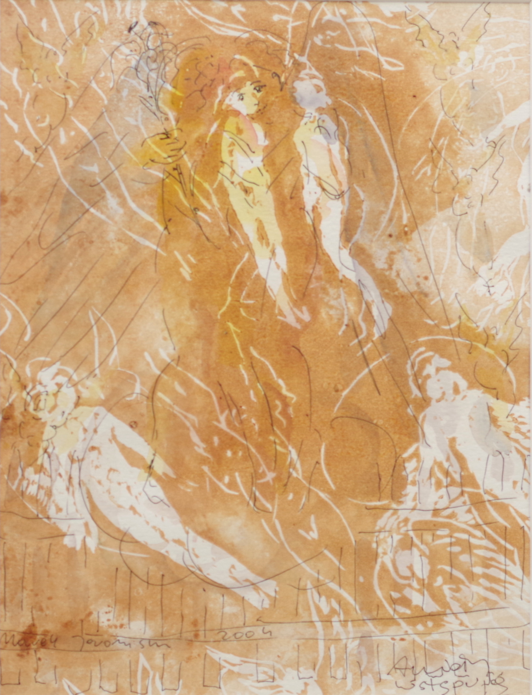 cztery postacie unoszące się , na  beżowym tle