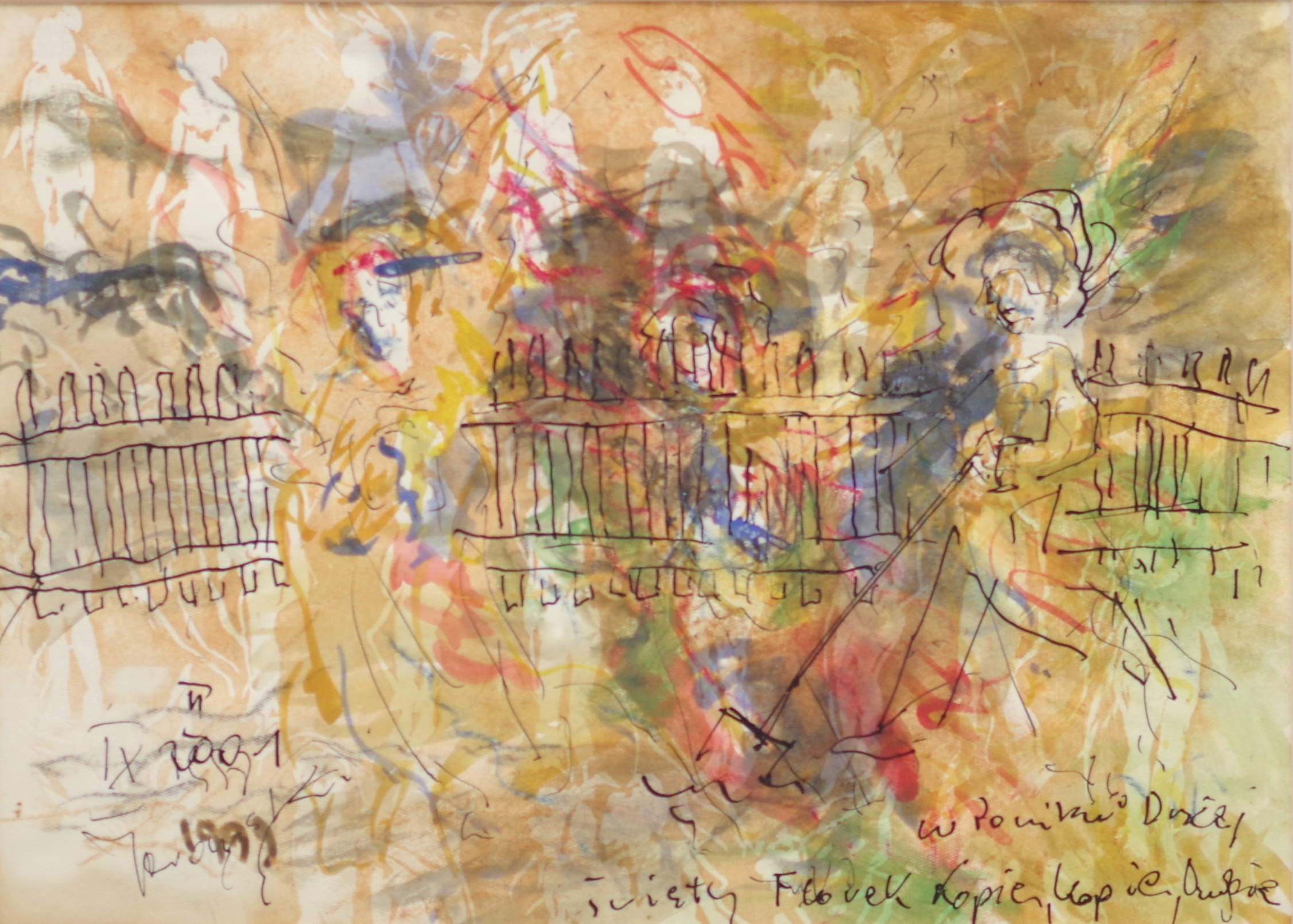 pejzaż przedstawiający kilka postaci z dwóch stron płotu