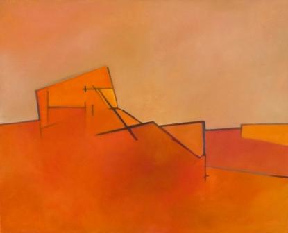 Minimalistyczny pejzaż w ciepłych barwach, z geometrycznymi formami sugerującymi architekturę na wzgórzu.