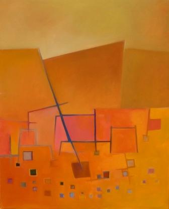 Abstrakcyjny krajobraz w ciepłych tonach, z kwadratami i liniami tworzącymi dynamiczną strukturę przestrzeni.