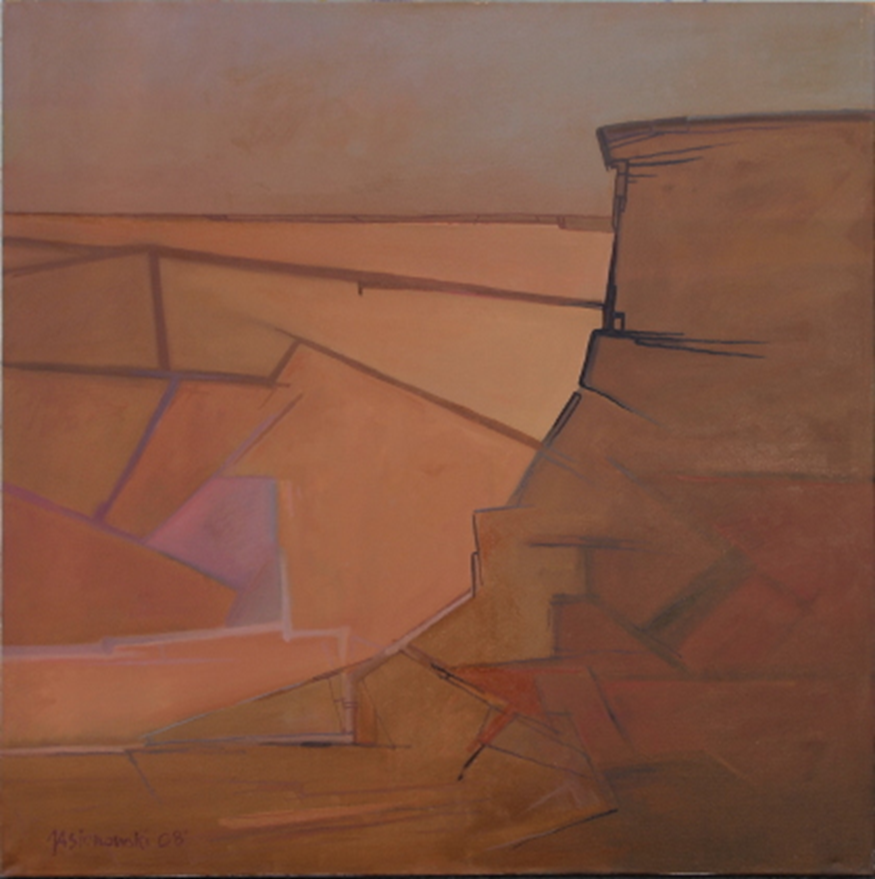 minimalistyczny pejzaż  przedstawiający zbocze góry i pola u jej podnóża w różnych odcieniach brązu