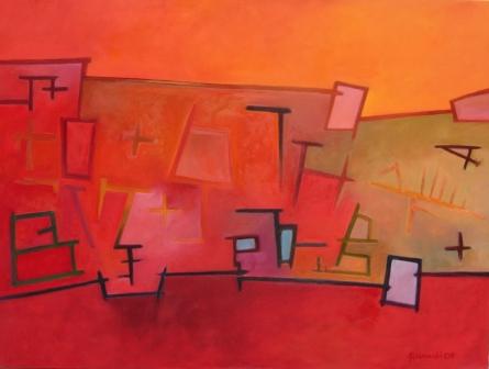 kompozycja z geometrycznych form z  przewagą czerwonego koloru