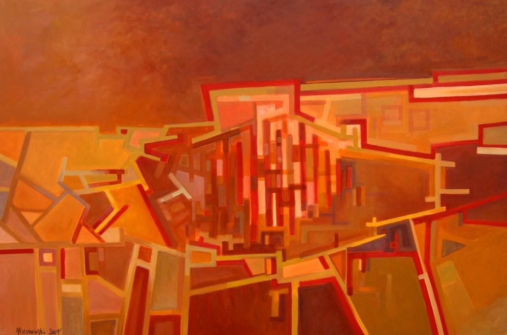 abstrakcyjny obraz z przewagą pomarańczowego koloru