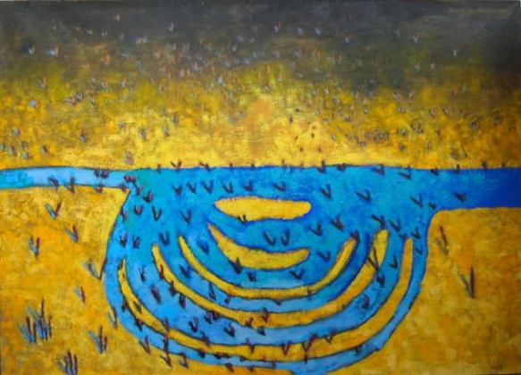 uproszczony pejzaż, żółta łąka , pośrodku kanały z wodą