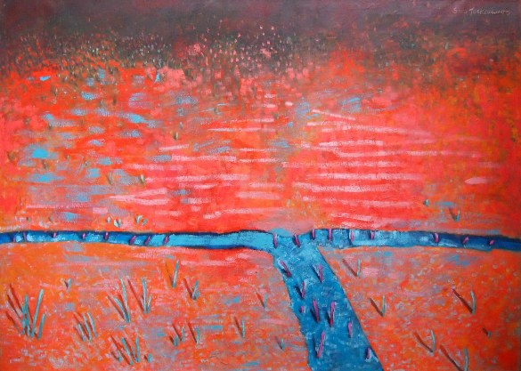 czerwone pole z suchymi roślinami przecięte w poprzek i wzdłuż kanałem z wodą