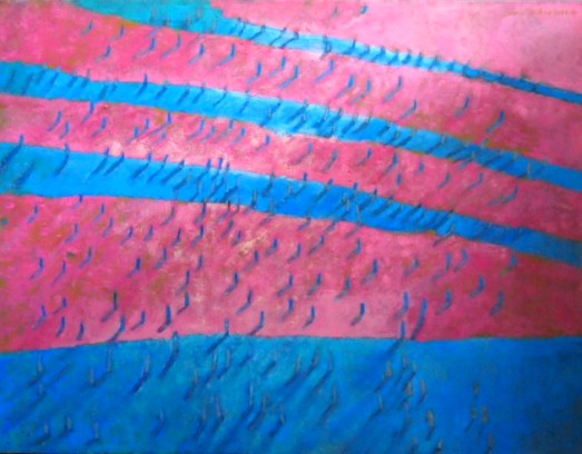 pejzaż abstrakcyjny, pasy wody i różowych pól