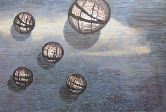 4 małe kule i jedna duża na niebiesko-szarym tle