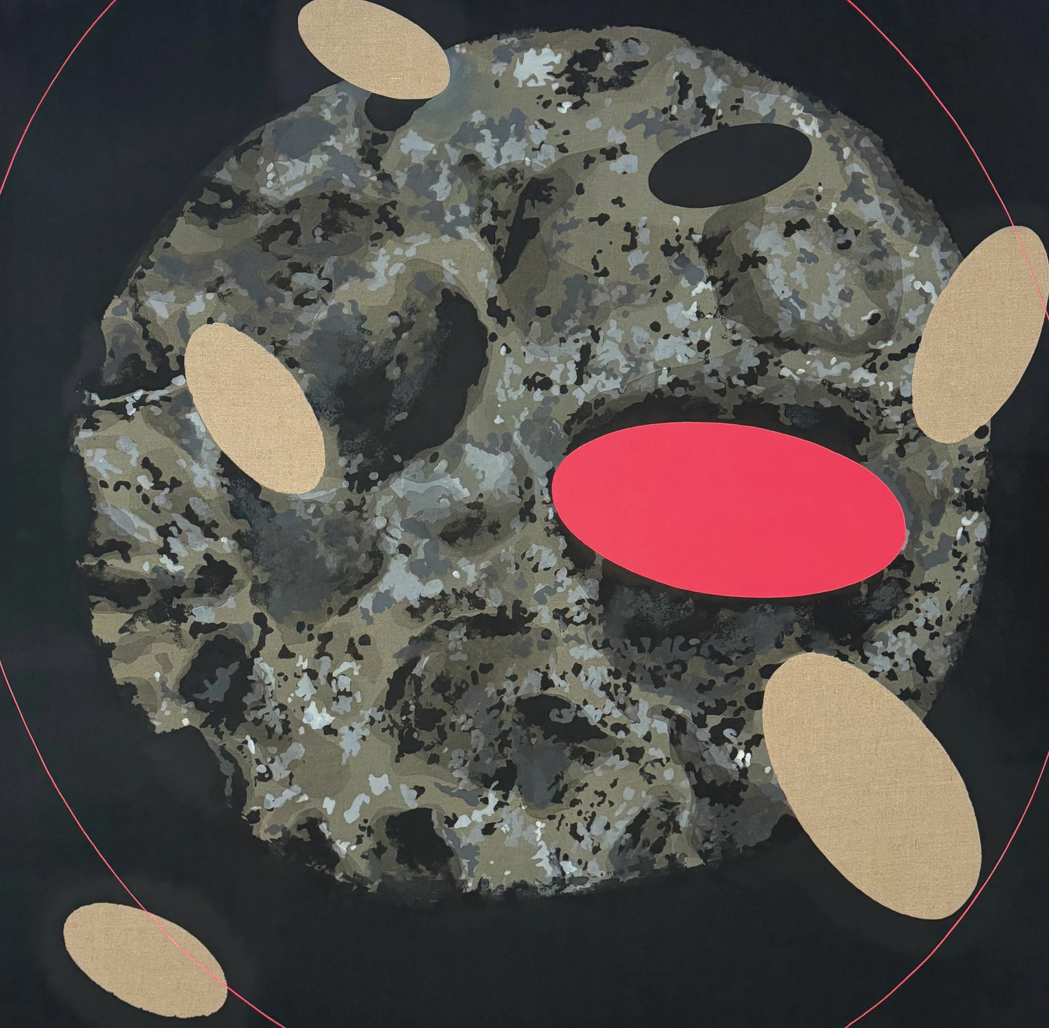 beżowe owalne formy , owal czerwony na tle kulistej formy