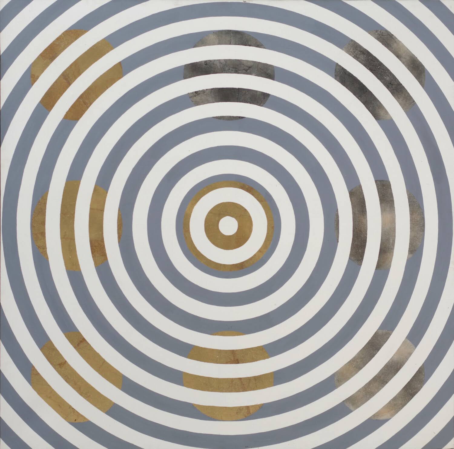 abstrakcja geometryczna, białe obręcze, w tle złote koła