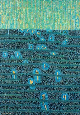 abstrakcja niebiesko-zielona, pasy na ciemnoszarym tle