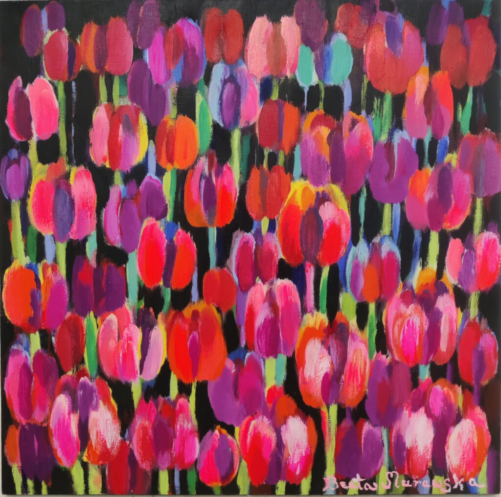 proste różowe i amarantowe tulipany na tle nocy