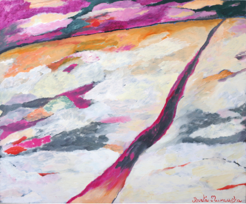 Abstrakcyjny pejzaż z dynamiczną linią w odcieniach różu, pomarańczu i bieli, przypominający pęknięcie w ziemi.