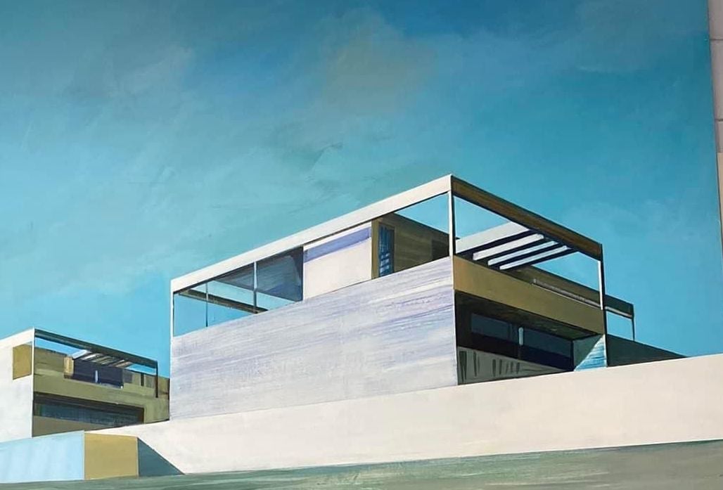 widok na domy szeregowe od  ulicy, domy z tarasami na dachu