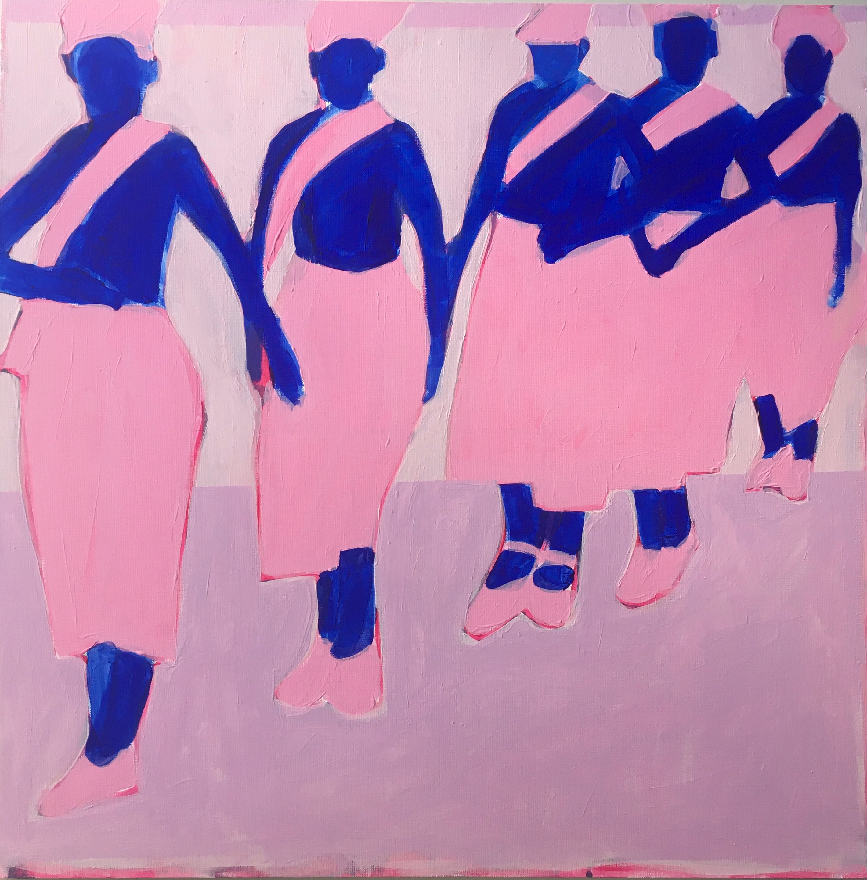 Obraz na płótnie z niebieskimi postaciami na różowym tle. Obraz Iwony Kobryń o tytule lekcja rytmiki