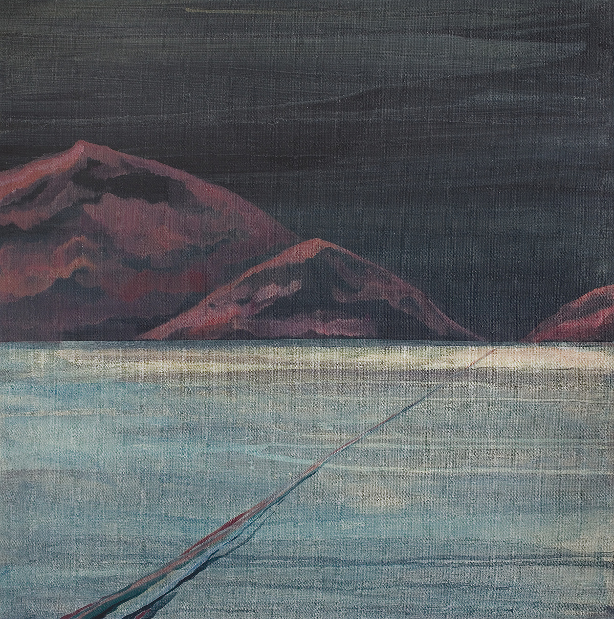 minimalistyczny pejzaż , wzgórza u stóp jeziora