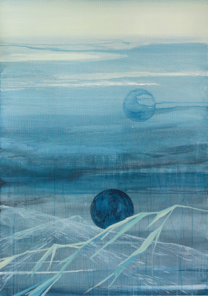 minimalistyczny pejzaż , kontury gór, na horyzoncie 2 kule