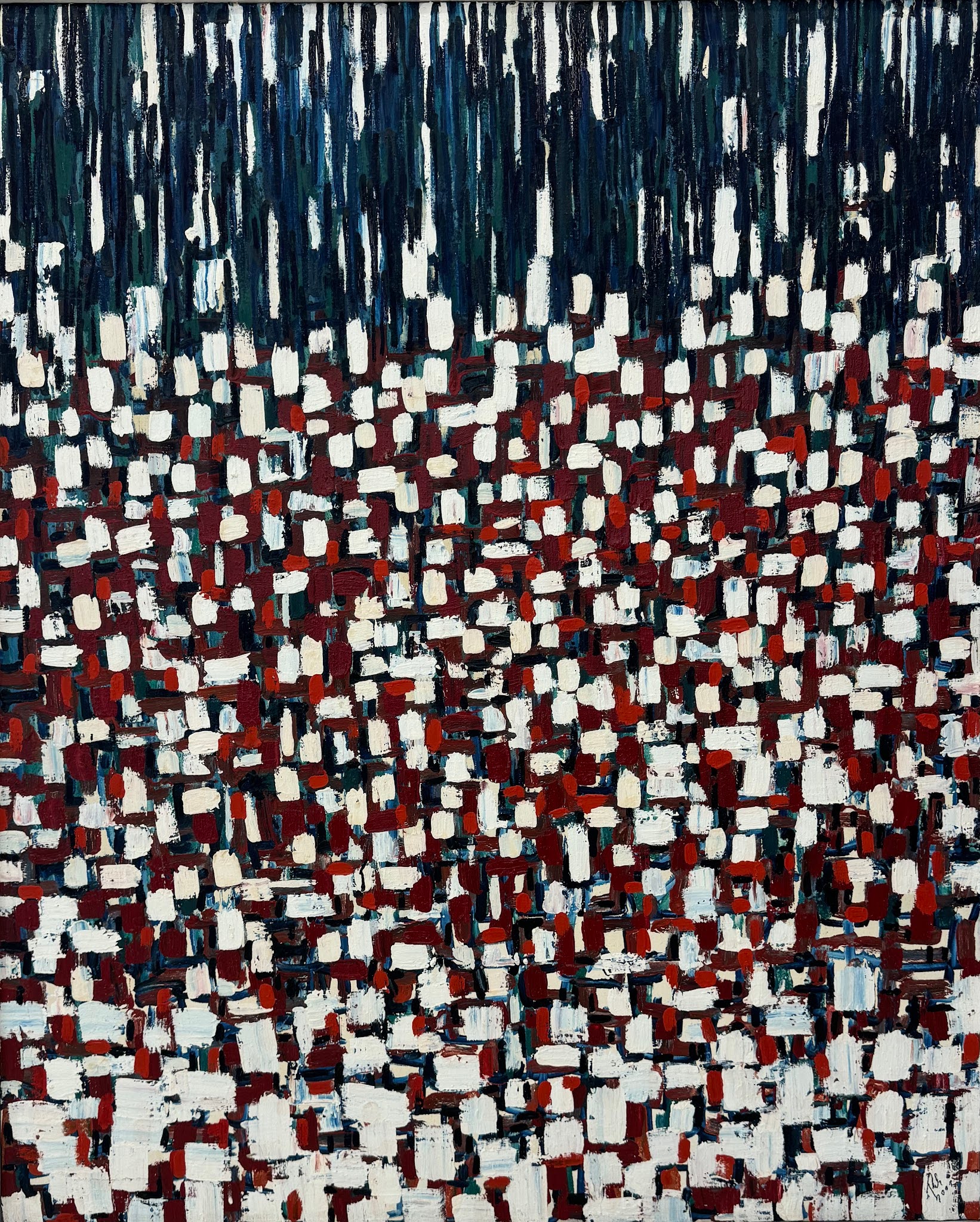 kompozycja składająca się z białych kwadratów i prostokątów, drobny wzór