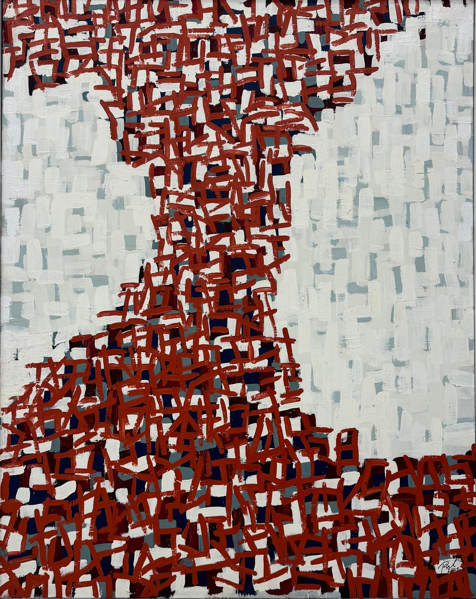 kompozycja z drobnych czerwonych znaczków na białym tle