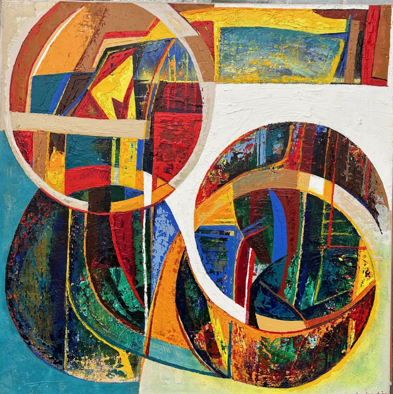 abstrakcja , kompozycja kół wypełnionymi kształtami w różnych kolorach