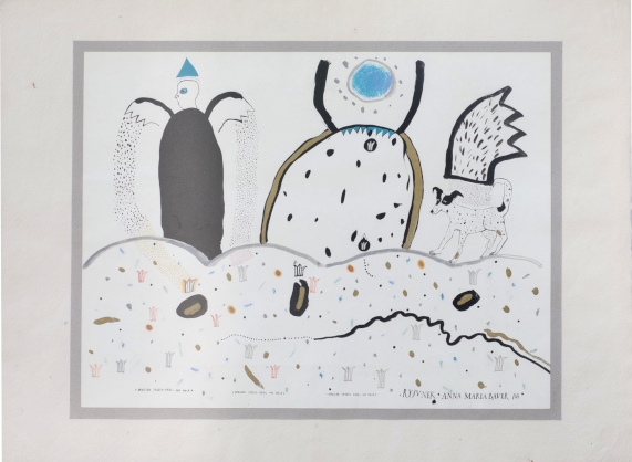 Rysunek figuratywny wykonany temperą na papierze, czarny, biały, niebieski, szkic, obrazek, pies, anioł, ilustracja