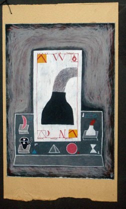 Rysunek figuratywny wykonany temperą na papierze, czarny, biały, czerwony, żółty, ilustracja, kształty, czarny, szary