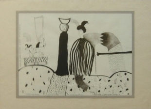 Rysunek figuratywny wykonany temperą na papierze, czarny, biały, szkic, obrazek, ludzie, pies, ilustracja