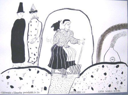 Rysunek figuratywny wykonany temperą na papierze, czarny, biały, szkic, obrazek, ludzie, ptak, ilustracja