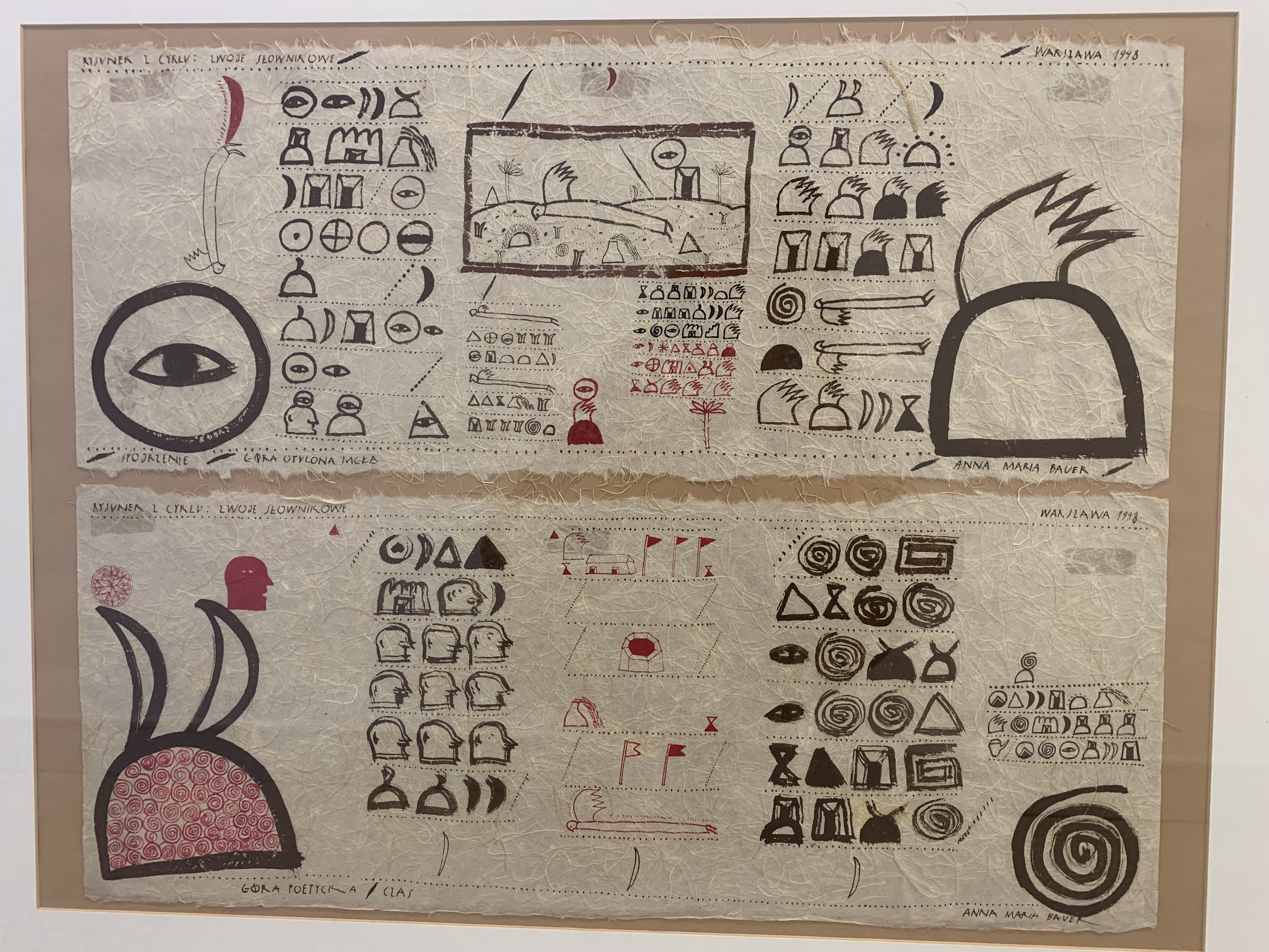 Rysunek wykonany temperą na papierze, czarny, beżowy, brązowy, czerwony, obrazek, symbole, piktogramy, ilustracja