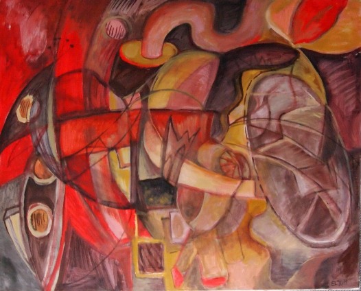 obraz abstrakcyjny, dynamiczna kompozycja kolorów, dynamizm, kolor, geometryczne kształty, geometria, czerwień, czerwony, żółty