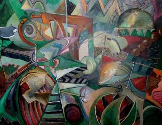 obraz abstrakcyjny, dynamiczna kompozycja kolorów, dynamizm, kolor, geometryczne kształty, geometria, wielokolorowy, turkus, zielony, niebieski, czerwony