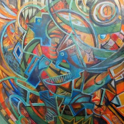 obraz abstrakcyjny, dynamiczna kompozycja kolorów, dynamizm, kolor, geometryczne kształty, geometria, żywe intensywne kolory, niebieski, zielony, pomarańczowy, czerwony