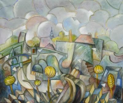 obraz abstrakcyjny pejzaż, miasto, domy, rośliny, niebo, dynamiczna kompozycja kolorów, dynamizm, kolor, geometryczne kształty, geometria,  stonowane barwy, jasne kolory, niebieski, zielony, żółty, szary
