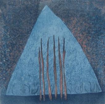 pejzaż, góra, wulkan, natura, drzewa, noc, obraz, błękitny, granatowy, niebieski, ilustracja, niebo, symetria, harmonia, statyczny, zimne barwy, kolory