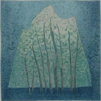 pejzaż, góra, wulkan, natura, drzewa, noc, obraz, błękitny, granatowy, niebieski, ilustracja, niebo, symetria, harmonia, statyczny, zimne barwy, kolory