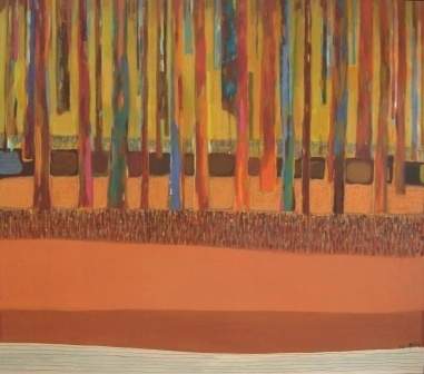 pejzaż minimalistyczny, pnie  drzew, ciepłe kolory