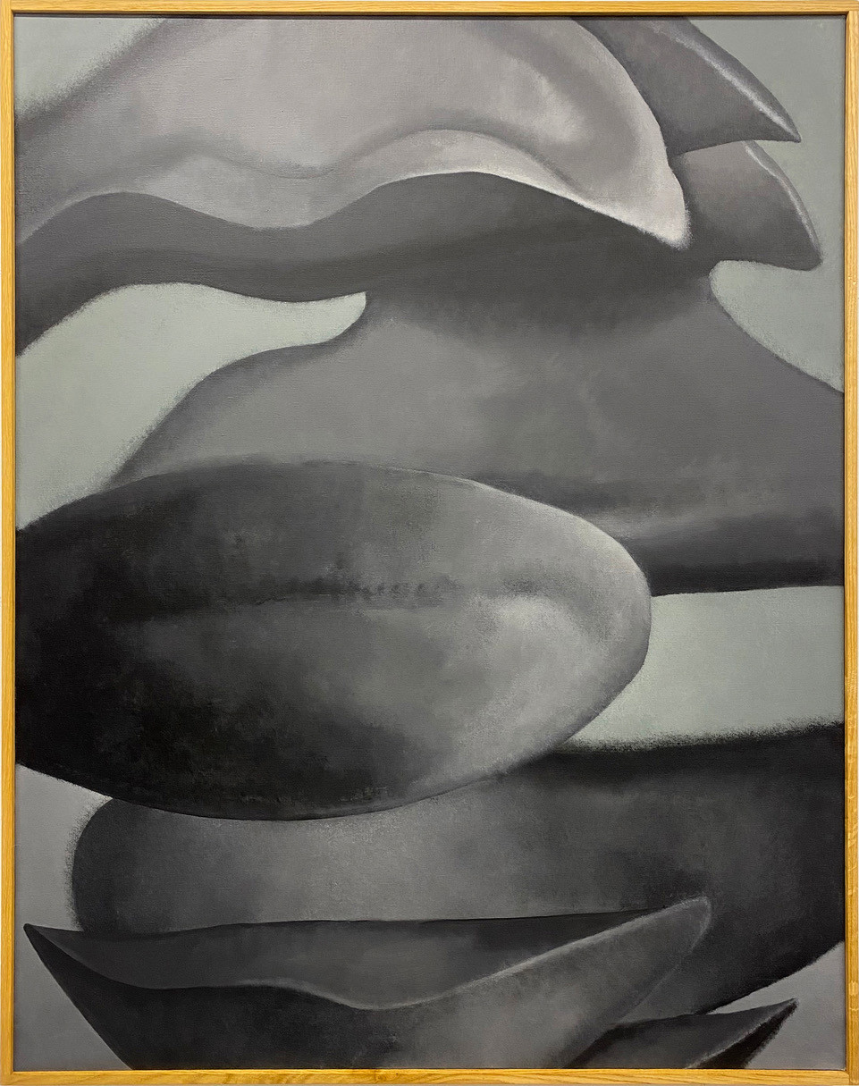 Abstrakcyjna kompozycja w odcieniach szarości, przypominająca organiczne, falujące kształty, z subtelnym światłocieniem.