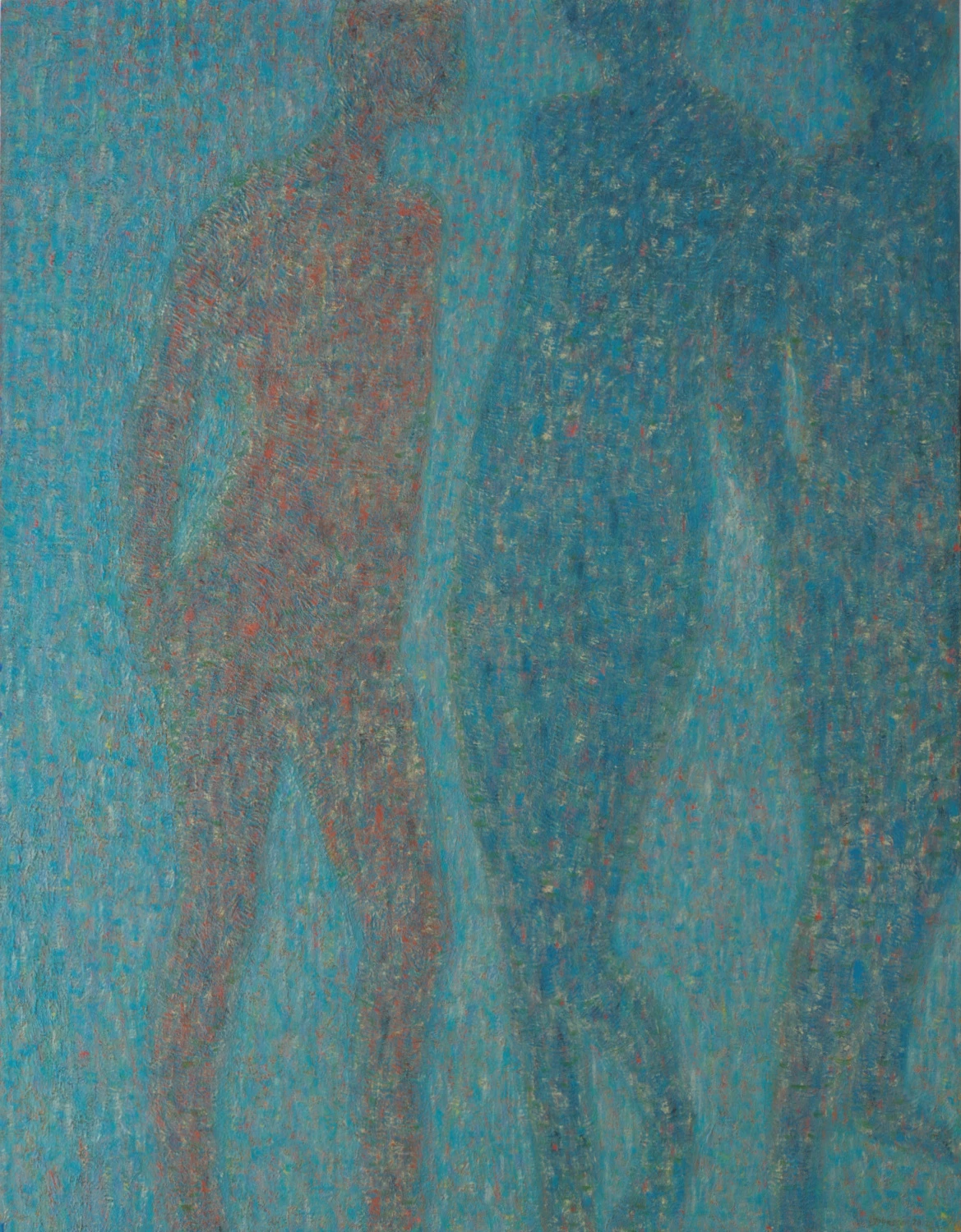 trzy stojące postacie na niebieskim tle