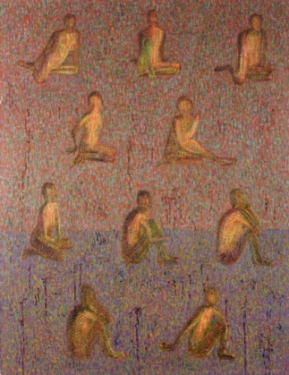 dziesięć postaci w pozycji siedzącej , ciepła kolorystyka