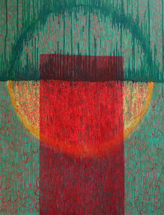 abstrakcja zielony czerwony, kula i prostokąt