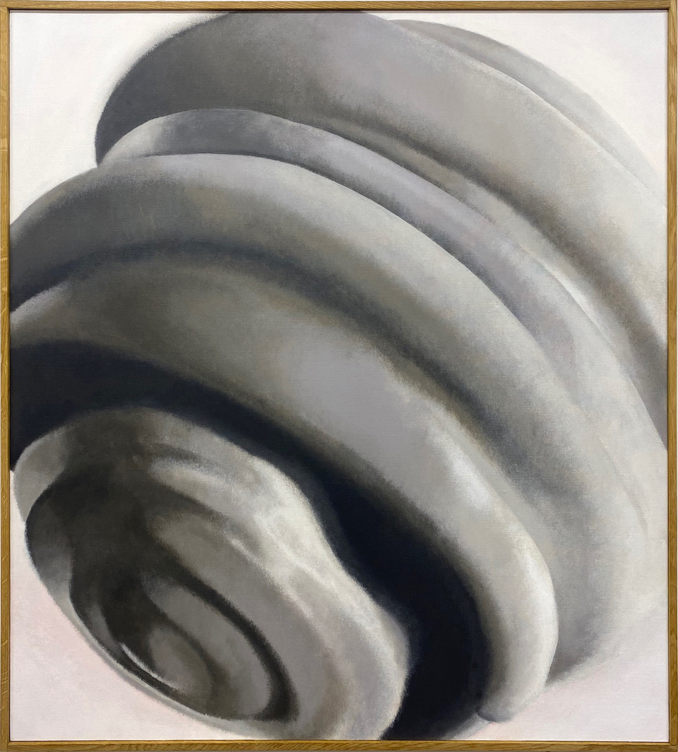 Abstrakcyjny obraz w odcieniach szarości, przypominający spiralną muszlę lub organiczną formę, w złotej ramie.