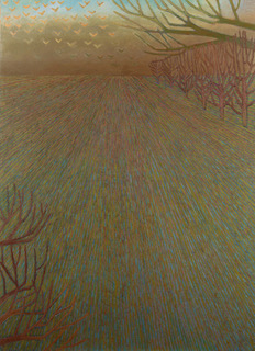 pejzaż ciepła kolorystyka jesień, pole, rząd drzew i lecące ptaki