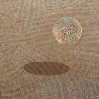 abstrakcja  w beżach z  kulą i forma owalną