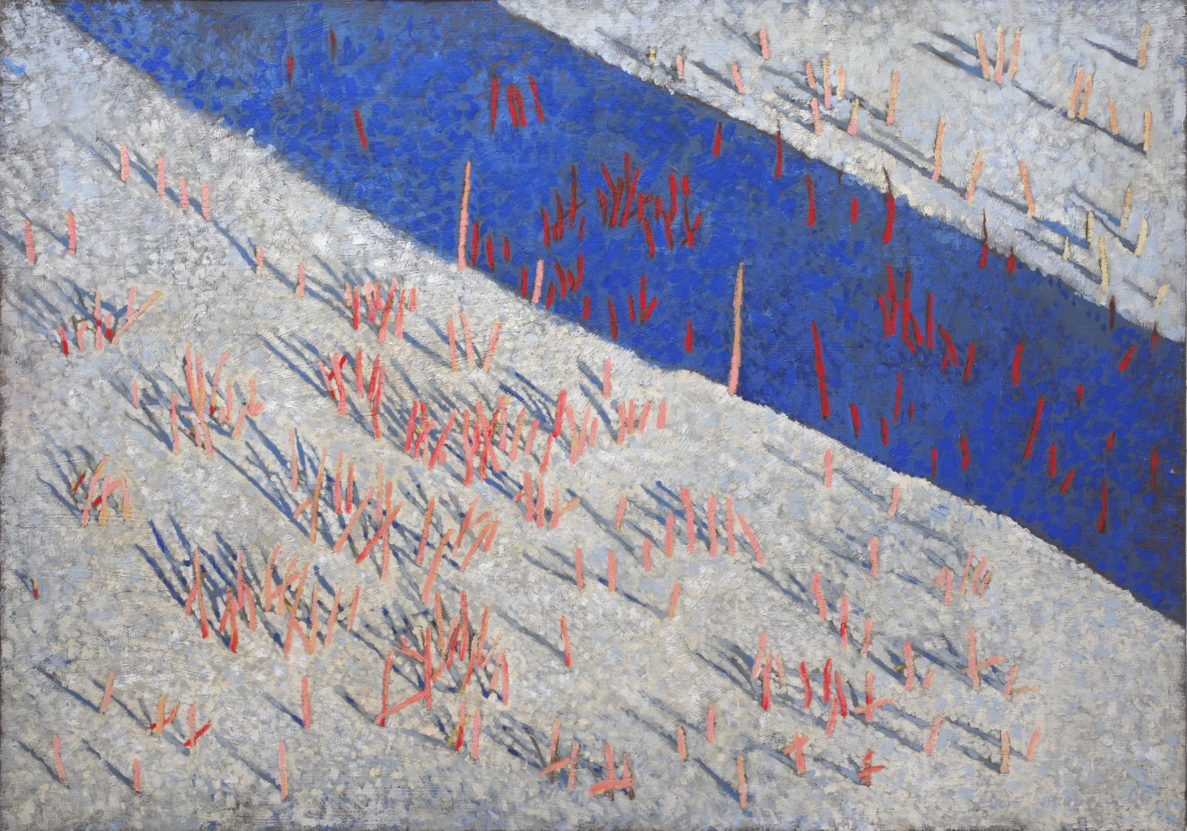 pejzaż szaro niebieski z rzeką i suchą roślinnością