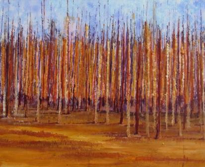 pejzaż jesienny , drzewa, ciepła kolorystyka, ciepłe kolory, abstrakcja w pasy, czerwony, pomarańczowy, niebieski, kolor, natura, landszaft, pejzaż, las, jesień