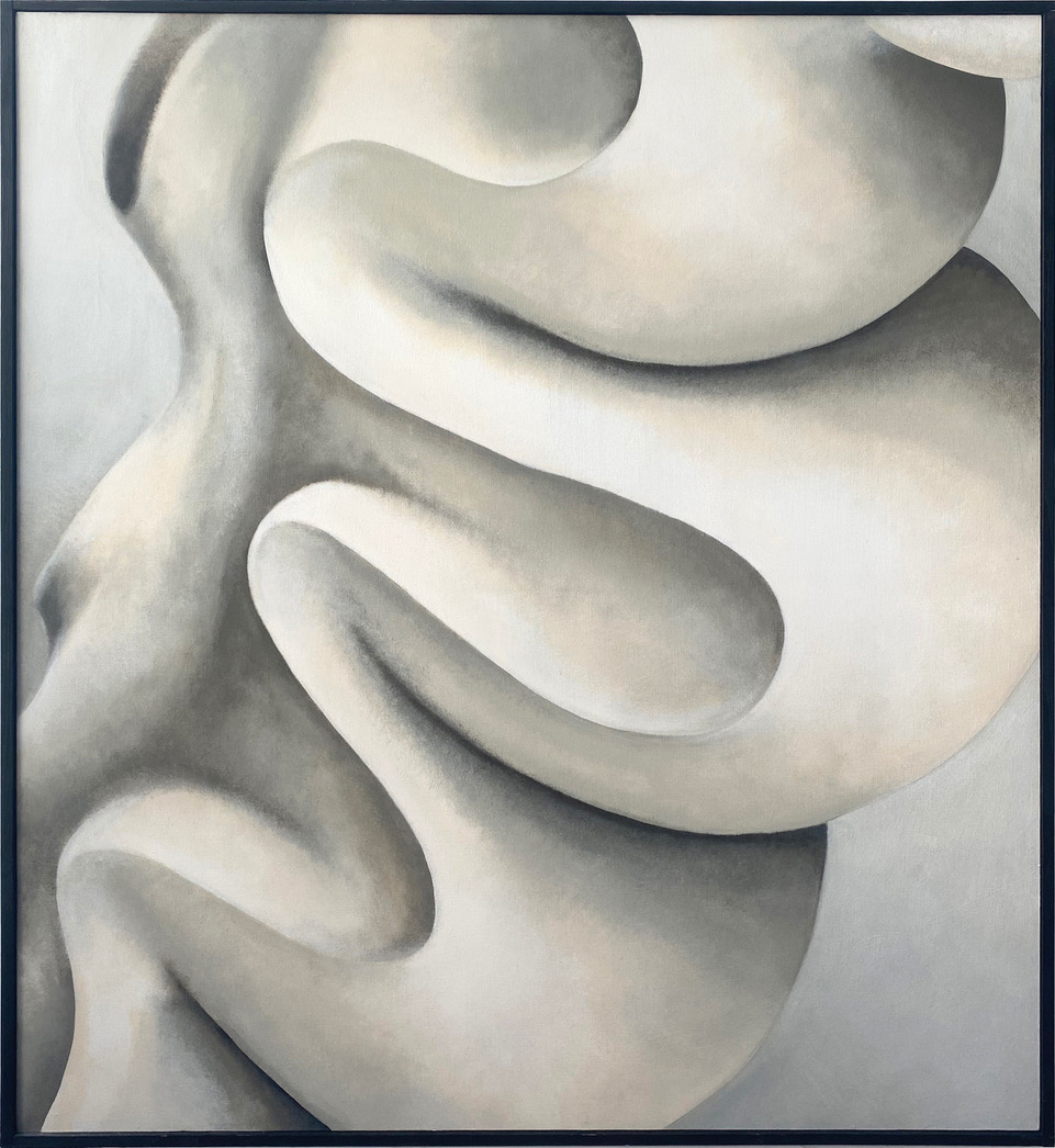 Abstrakcyjny obraz w odcieniach szarości z miękkimi, organicznymi formami przypominającymi płynne, rzeźbiarskie kształty.