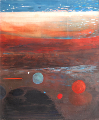 kompozycja czerwono-brązowa , na pierwszym planie 3 kulki