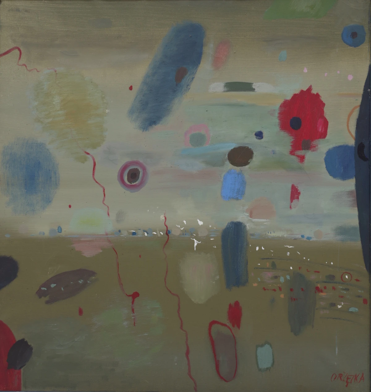 kompozycja z wielobarwnych plam na brązowo-beżowym tle