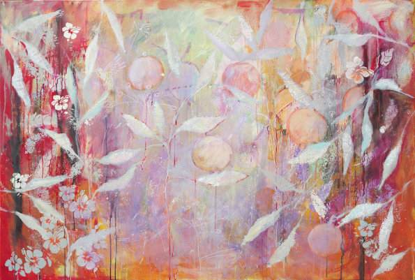 kwiaty, liście, czerwienie, róż, malarstwo dekoracyjne